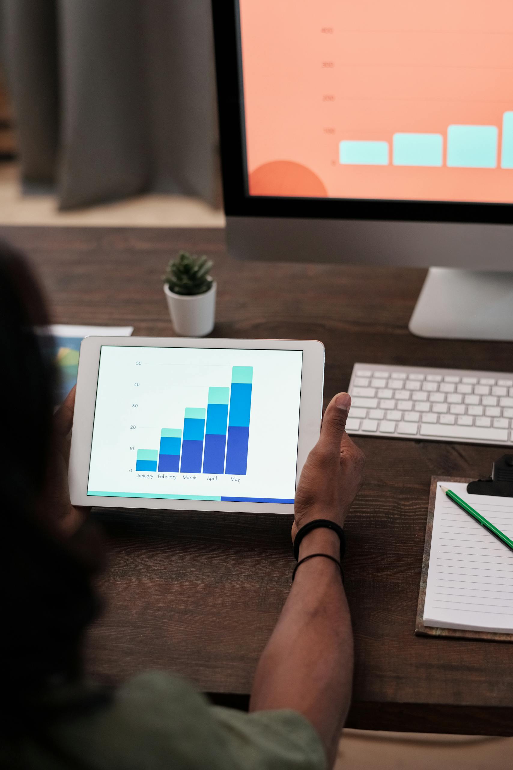 Reviewing compensation and salary data analytics on a tablet