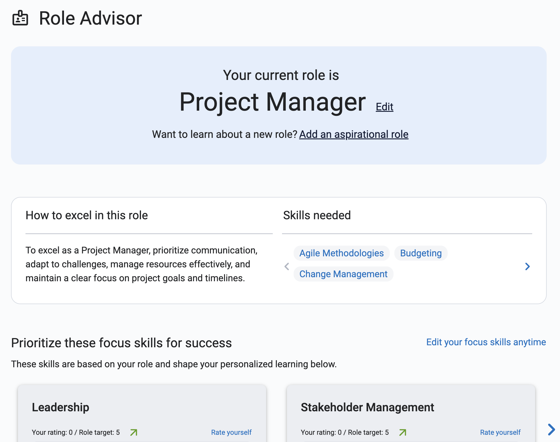 LMS Role Advisor showing skills needed for current role
