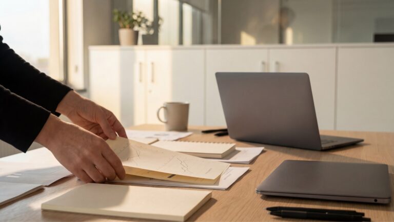 HR professional reviewing midyear workplace priorities at a desk with a laptop and notes