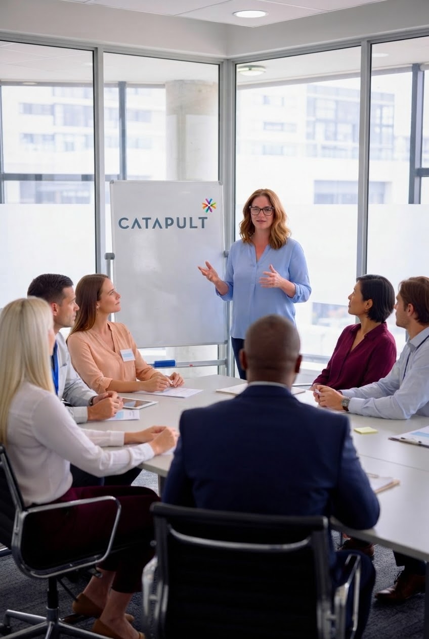 A Catapult instructor leading a management skills class for a group of HR professionals in a conference room