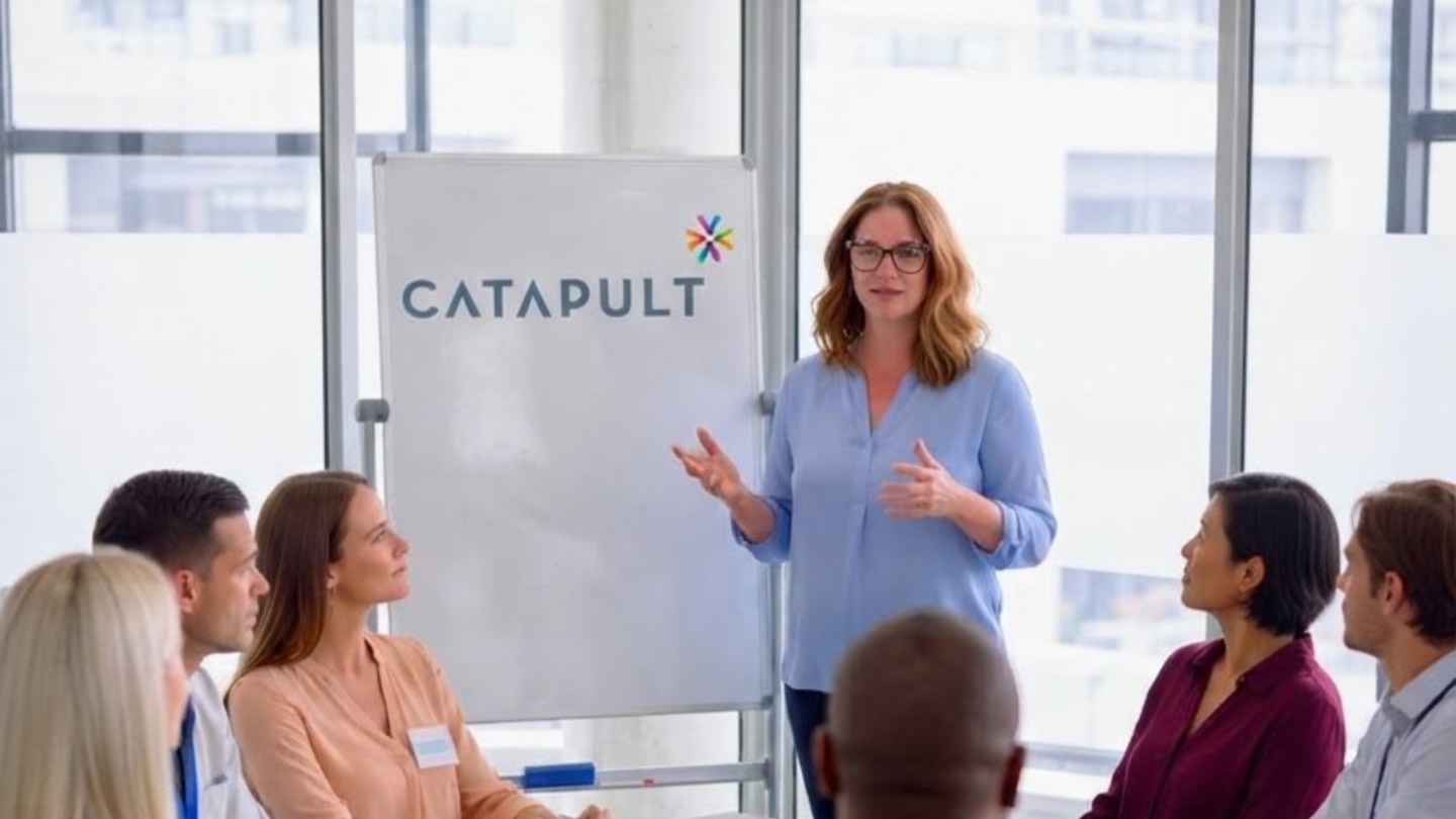 A Catapult instructor leading an HR certificate class of engaged professionals