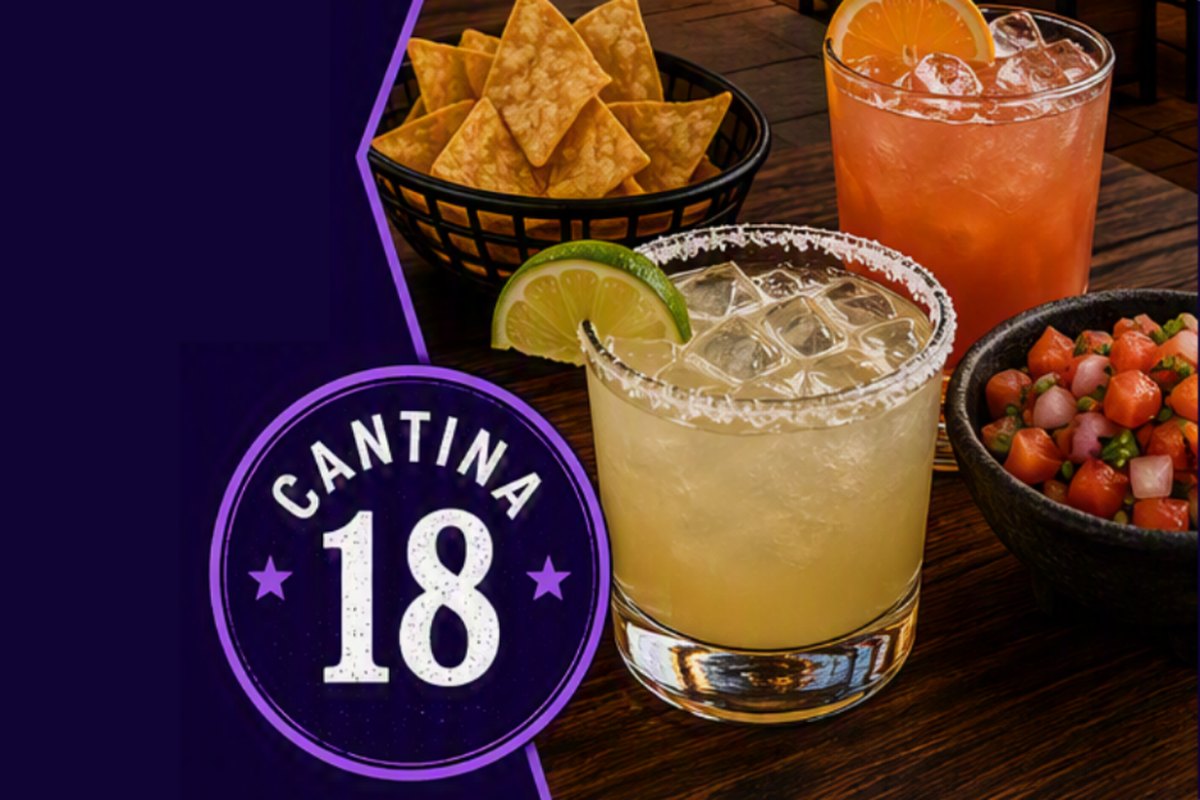 Margaritas, tortilla chips and pico de gallo on a table at Cantina 18 in Raleigh