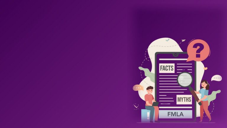 Illustration of two people reviewing FMLA facts and myths on a large phone screen