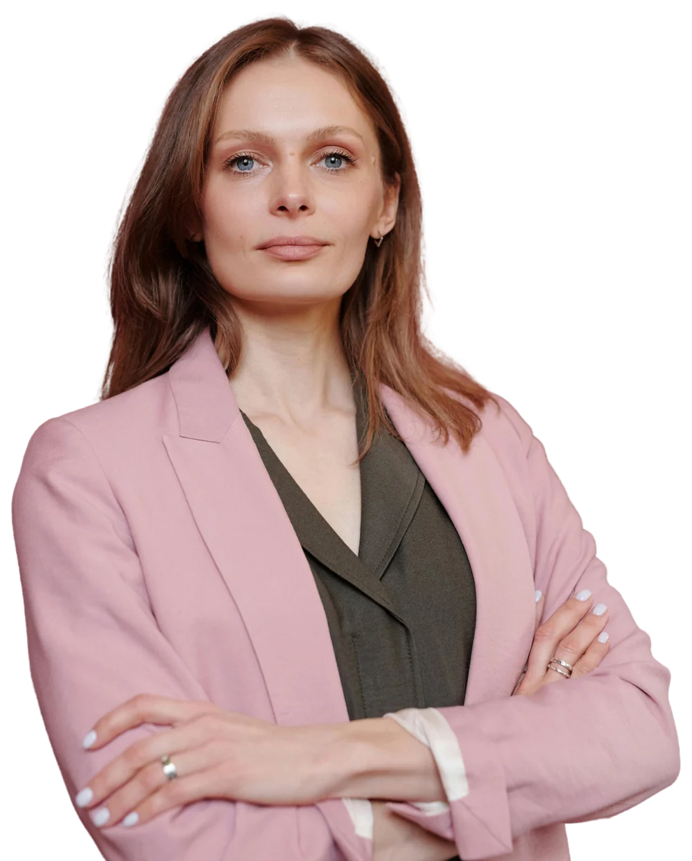 Career Development Month for Teams 2 Professional in a pink blazer with arms crossed