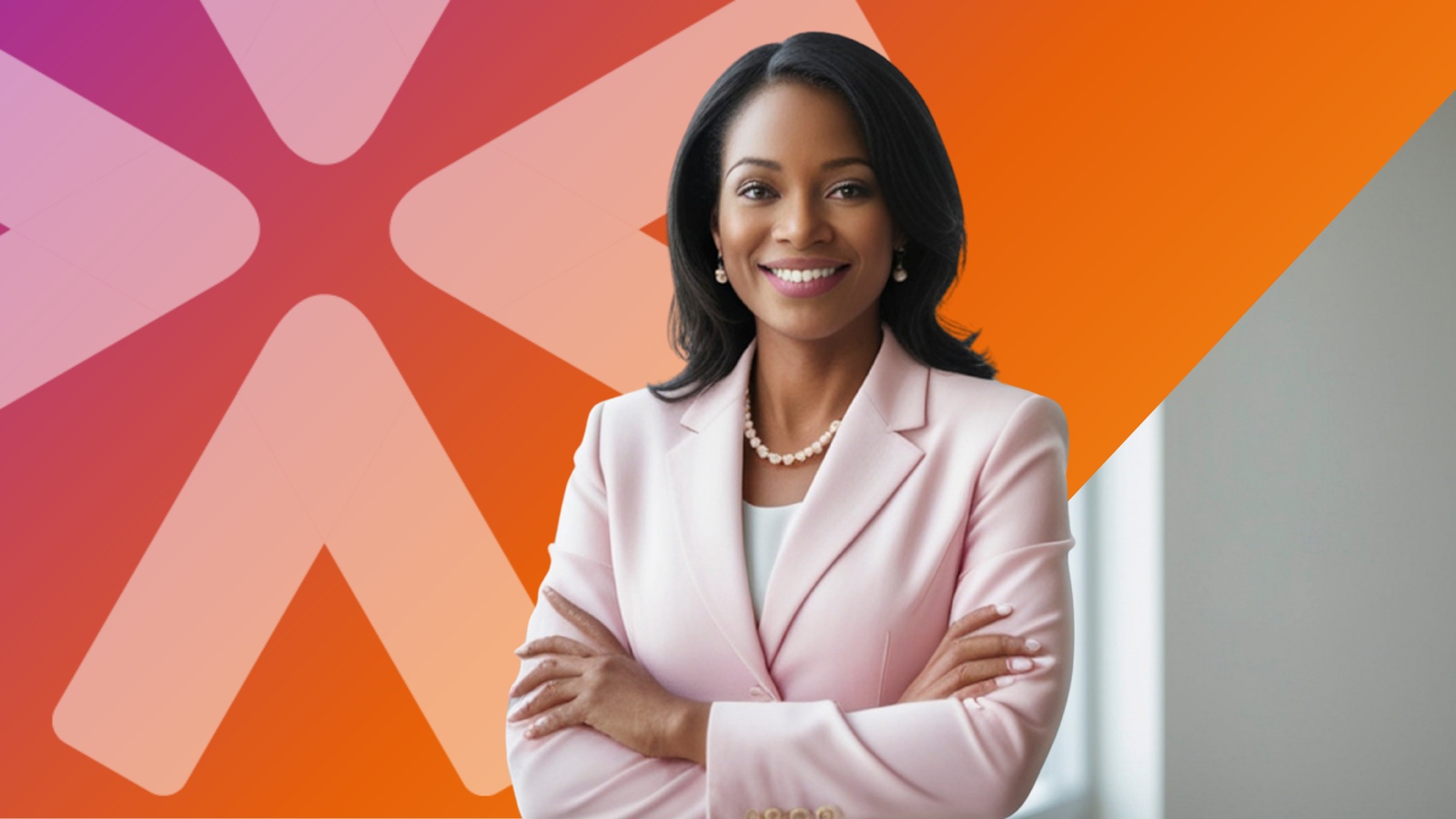 Smiling HR leader in a light pink blazer standing with arms crossed