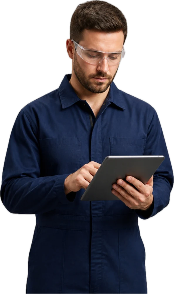 An aerospace technician in safety glasses reviewing work on a tablet