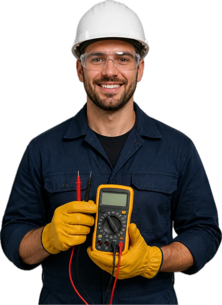 HR for Electrical Contractors | Catapult HR 2 Smiling electrician in a white hard hat, safety glasses and yellow work gloves holding a digital multimeter